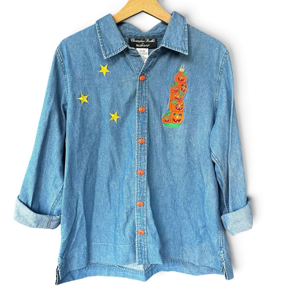 Vintage 90s Halloween Jack-O-Lantern Pumpkin Button Up Denim Shirt Grandmacore